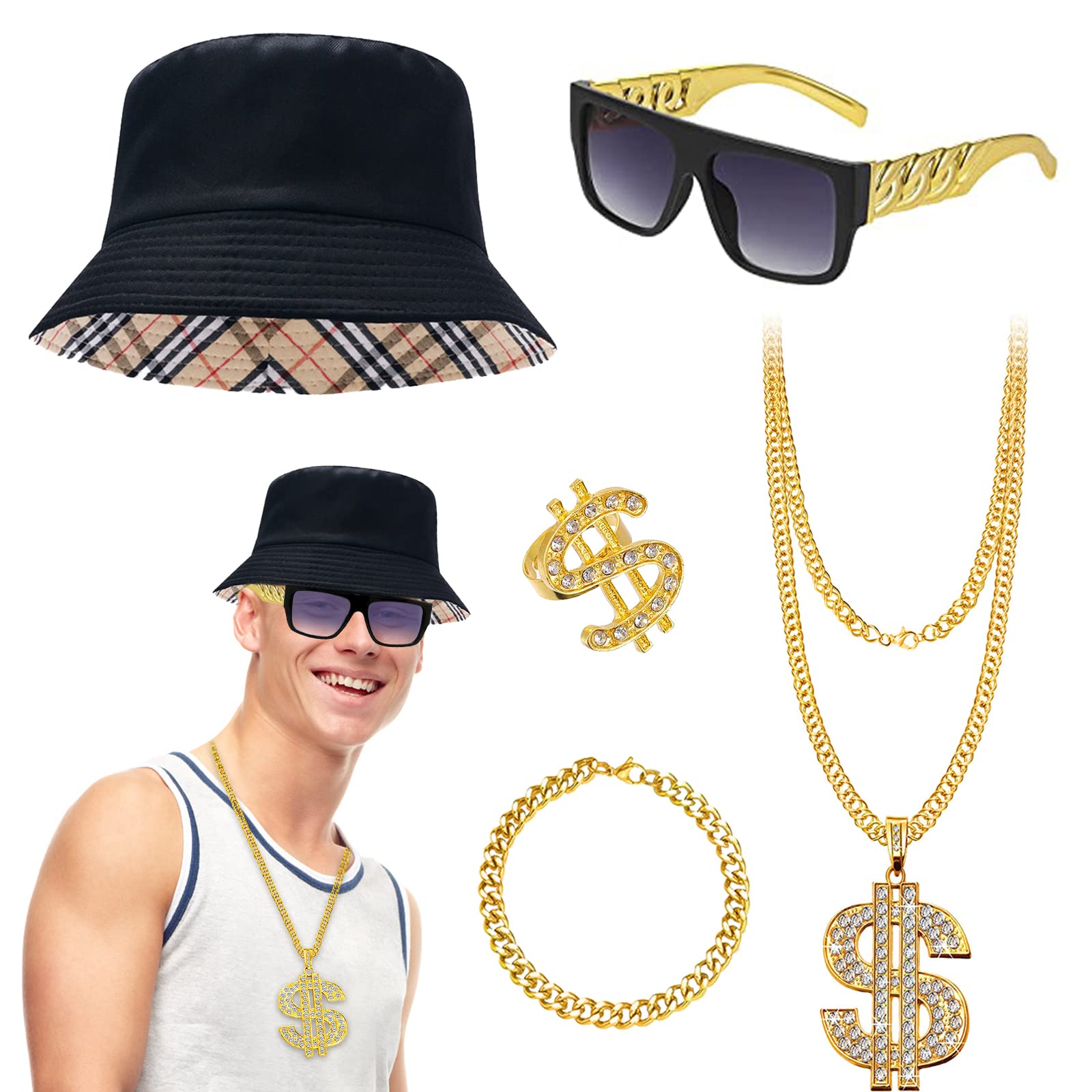 Hip Hop Costume Kit for Women Men, 80s/90s Chunky Rapper Gangster Accessories Set Fancy Dress with Bucket Hat Dollar Sign Necklace Sunglasses Gold Bracelet Ring Outfits for Disco Theme Dress Up Party — image 1