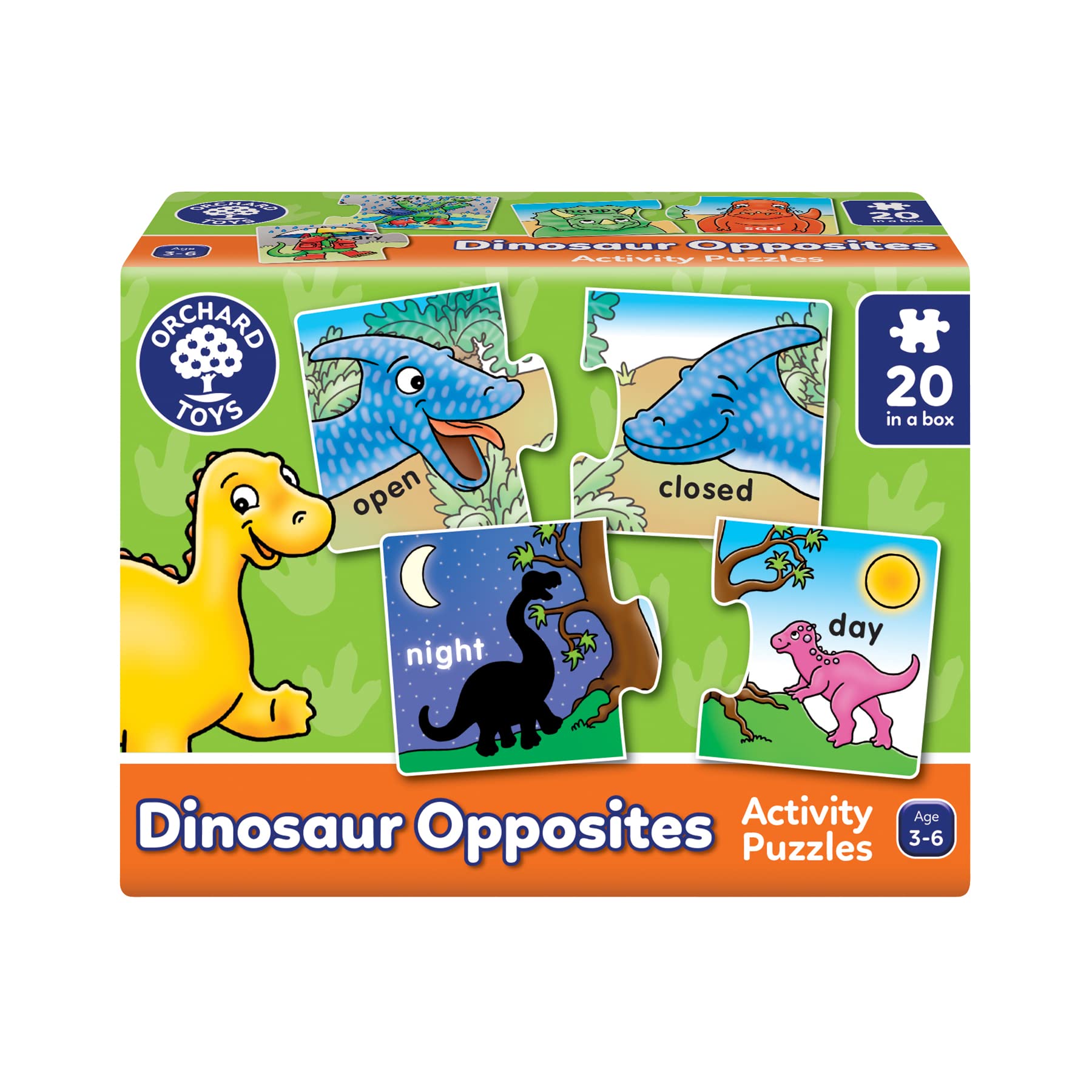 Orchard Toys Dinosaur Opposites Activity Puzzles, Helps to Teach Opposites, 20 Puzzles in a Box, 2-Piece Activity Puzzles, For Kids Age 3-6, 19 cm x 8 cm