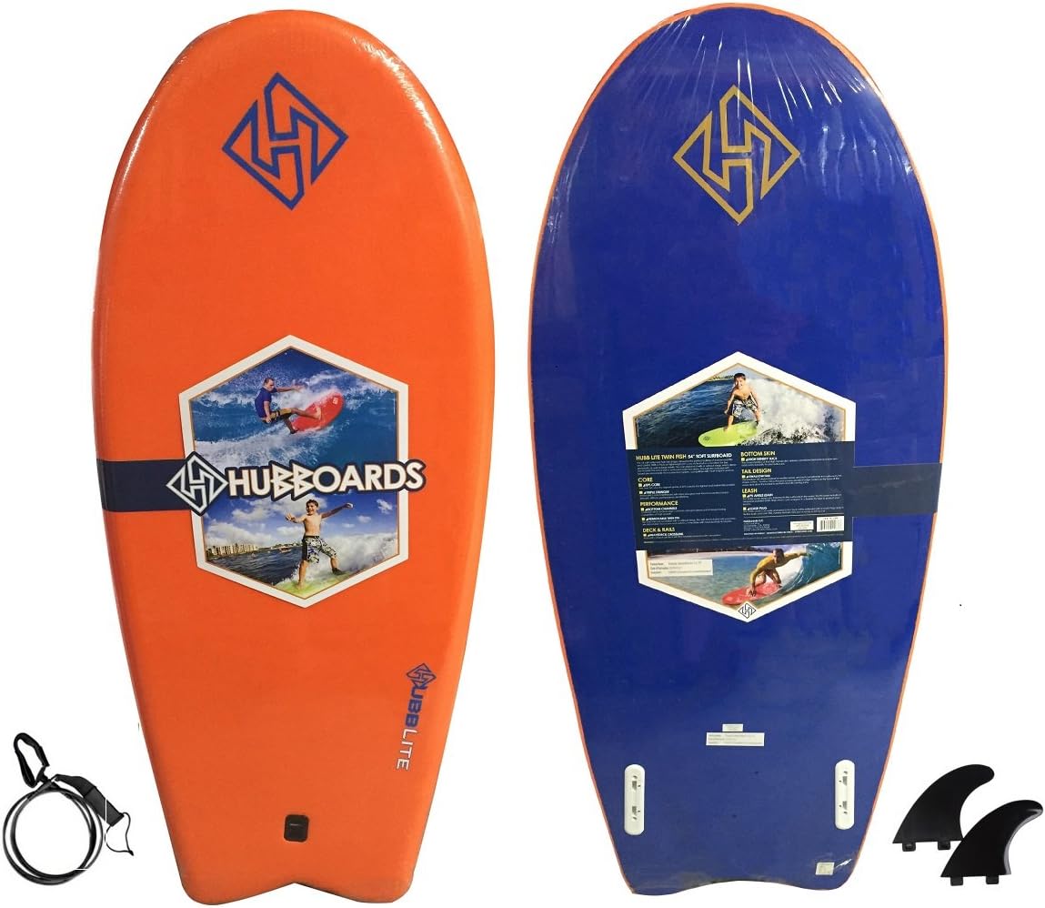 Hubblite Twin Fish Bodyboard/Soft Surfboard w/Leash and Fins 54"