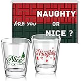 Lounsweer 2 Pcs Christmas Shot Glasses Naughty & Nice Novelty Glass Set with Gift Wrapped Box Xmas 1.5 Oz Green Red Funny Cups Stemless Glasses for Party Gift Game