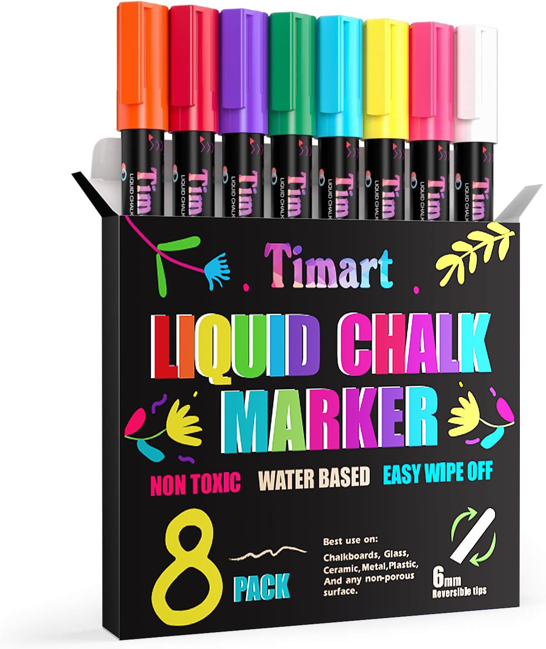 Photo 1 of Timart Liquid Chalk Markers, 6mm Bold Tip Chalk Pens, Dry Erase Marker Pens for Chalkboards, Signs, Blackboards, Windows, Glass - Reversible Tip, First Day of School Board Pens (Classic)