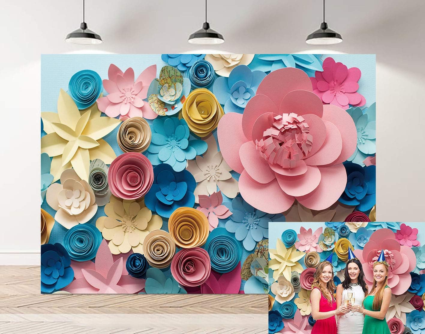 GYA 5x3ft 3D Colorful Paper Flowers Backdrop Pink Rose Hand-Make Flower Background Baby Shower Girl Adults Bachelorette Bridal Shower Wedding Vinyl Prop Studio
