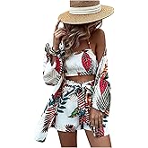 Verdusa Women's 3 Piece Tropical Outfits Crop Halter Top Tie Waist Shorts with Kimono