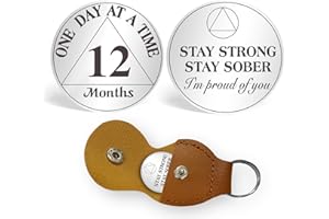 Sobriety Coin One Day at A Time Sobriety Chip with PU Leather Keychain