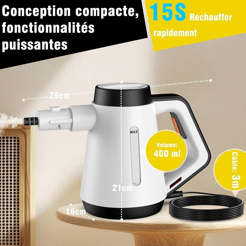 Nettoyeur vapeur à main, 400 ml, multi-fonction, avec 9 accessoires, nettoyeur vapeur sans produits chimiques pour un usage domestique, nettoyage des sols, carreaux, fenêtres, canapés (blanc)