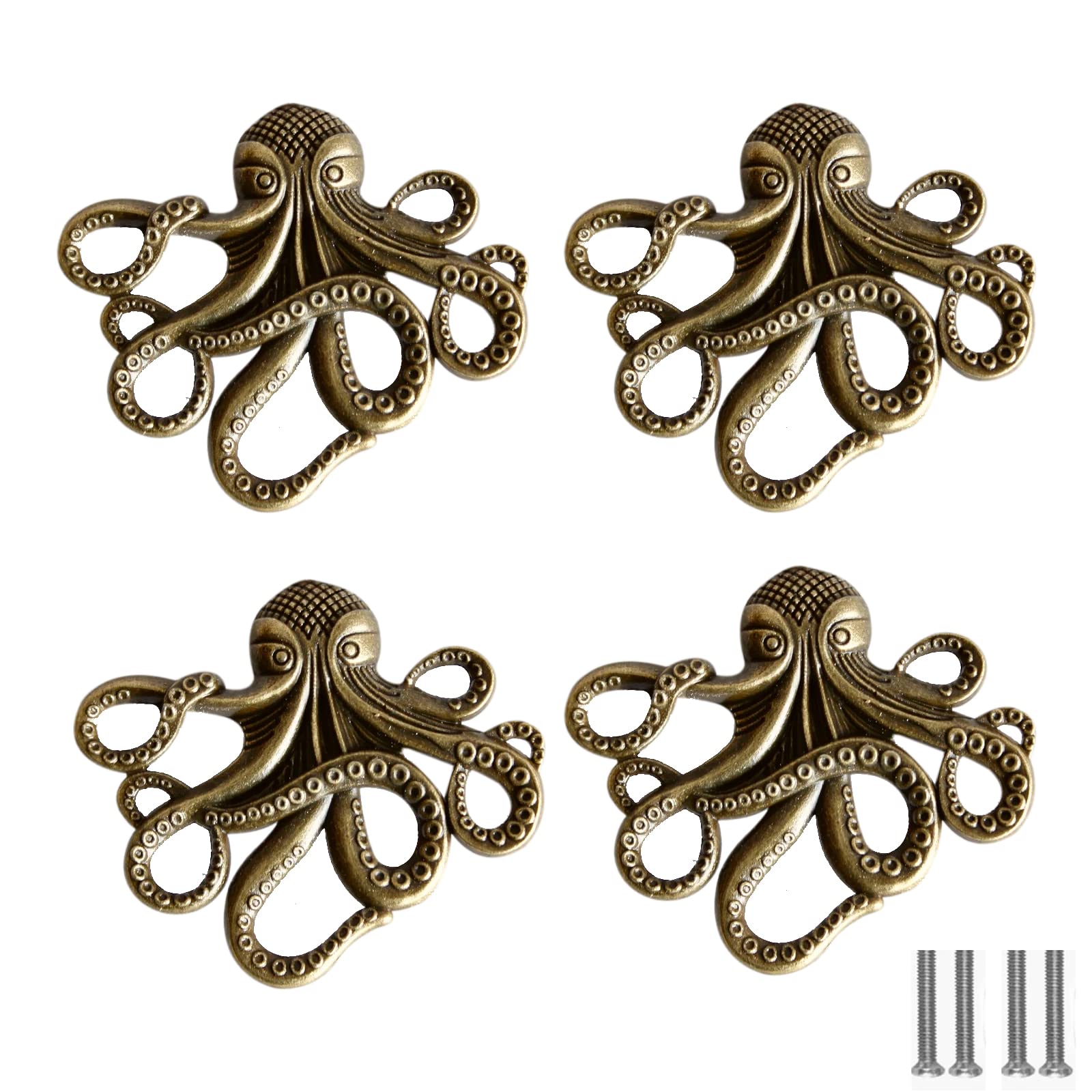 Powerful 4 Pcs Octopuc Drawer Knobs, Vintage Cabinet Knobs Drawer Handles with 8 Pcs Screw, for Dresser, Cabinet, Wardrobe, Cupboard, Bathroom, Office — image 1