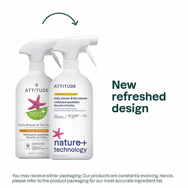 ATTITUDE DAILY SHOWER AND TILE CLEANER, EWG VERIFIED, PLANT AND MINERAL-BASED, VEGAN, CITRUS ZEST, 27.1 FL OZ
