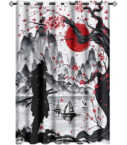 Vintage Chinese Ink Mountain Curtains - Foggy Landscape Blackout Thermal Rod Pocket Drapes (2 Panels)