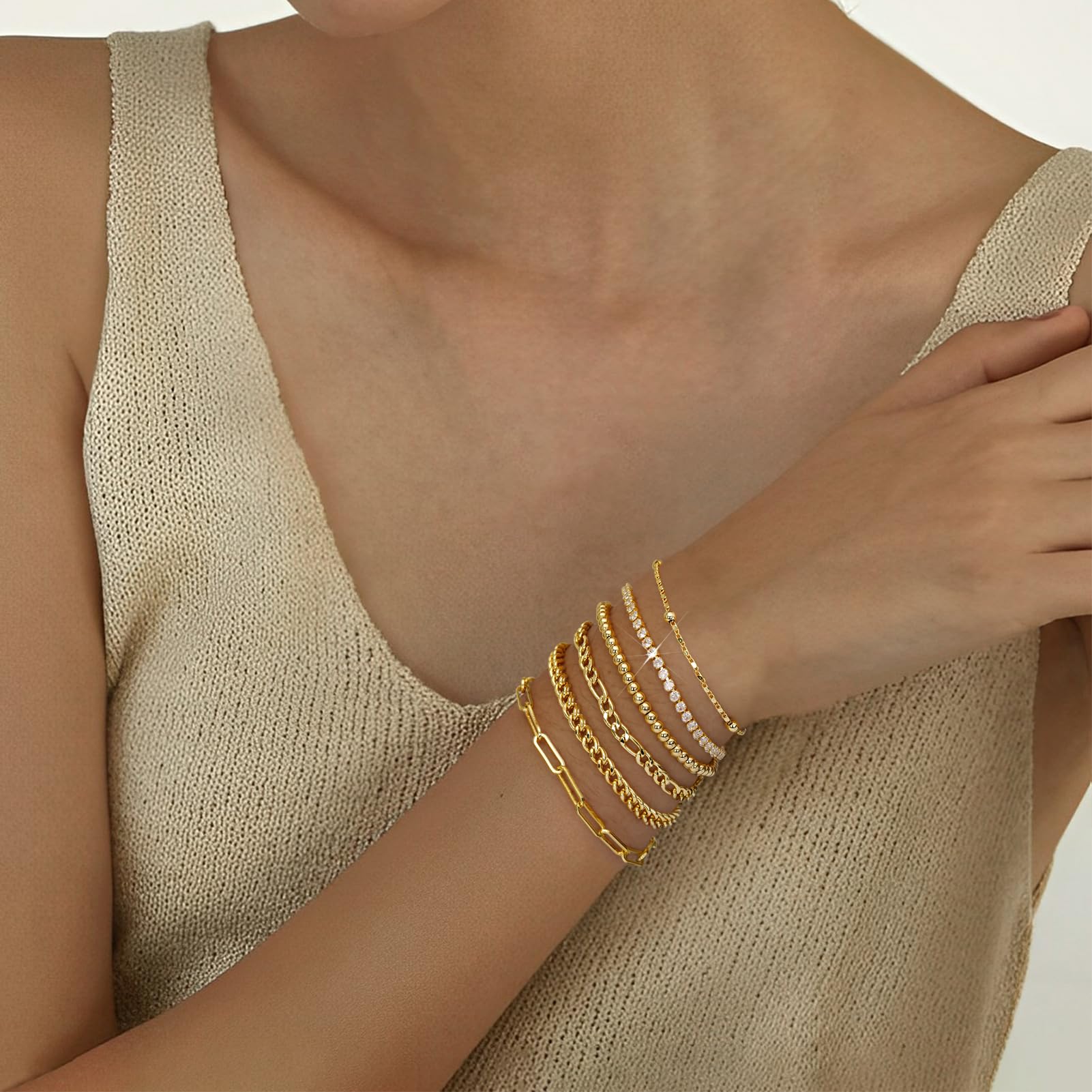 adoyi Gold Bracelets for Women, 14K Gold Plated Stackable Bracelet Stack Set Adjustable Charm Paperclip Chain Cuban Link Layered Waterproof Jewelry Sets Gifts for Womens 6.0/6.8/7.2
