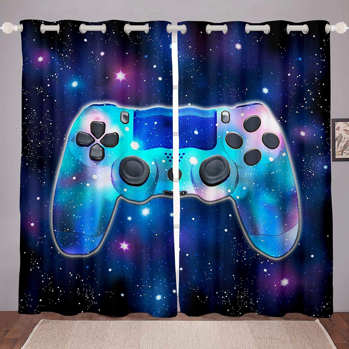 Loussiesd Boys Game Curtains for Bedroom Gamer Video Game Room Curtain Teens Toddler Kids Galaxy Starry Sky Window Gaming Gamepad Window Draperies Blue W46*L72 — image 1