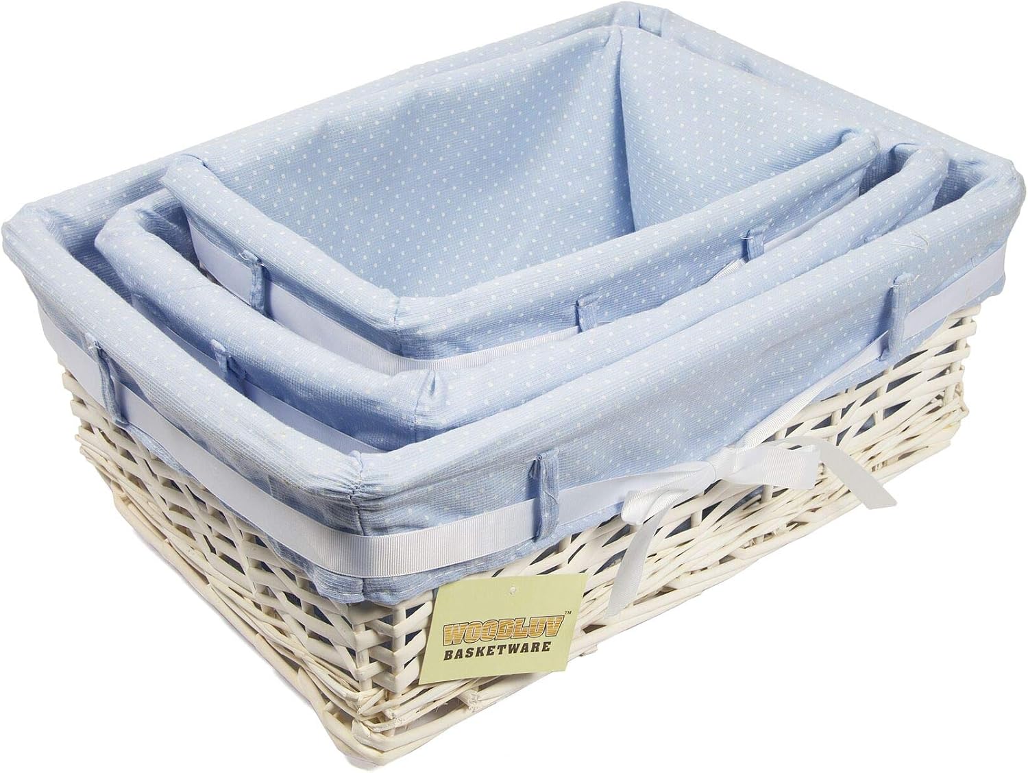 Woodluv Rectangular White Willow Wicker Hamper Storage Basket-With Blue Fabric & Ribbon (Gift Hamper Basket) -Medium - Image 3