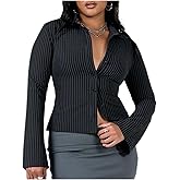 Women Long Sleeve Slim Button Up Shirt Solid Color Y2K Button Down Blouse Vintage Slim Fitted Collared Dressy Top