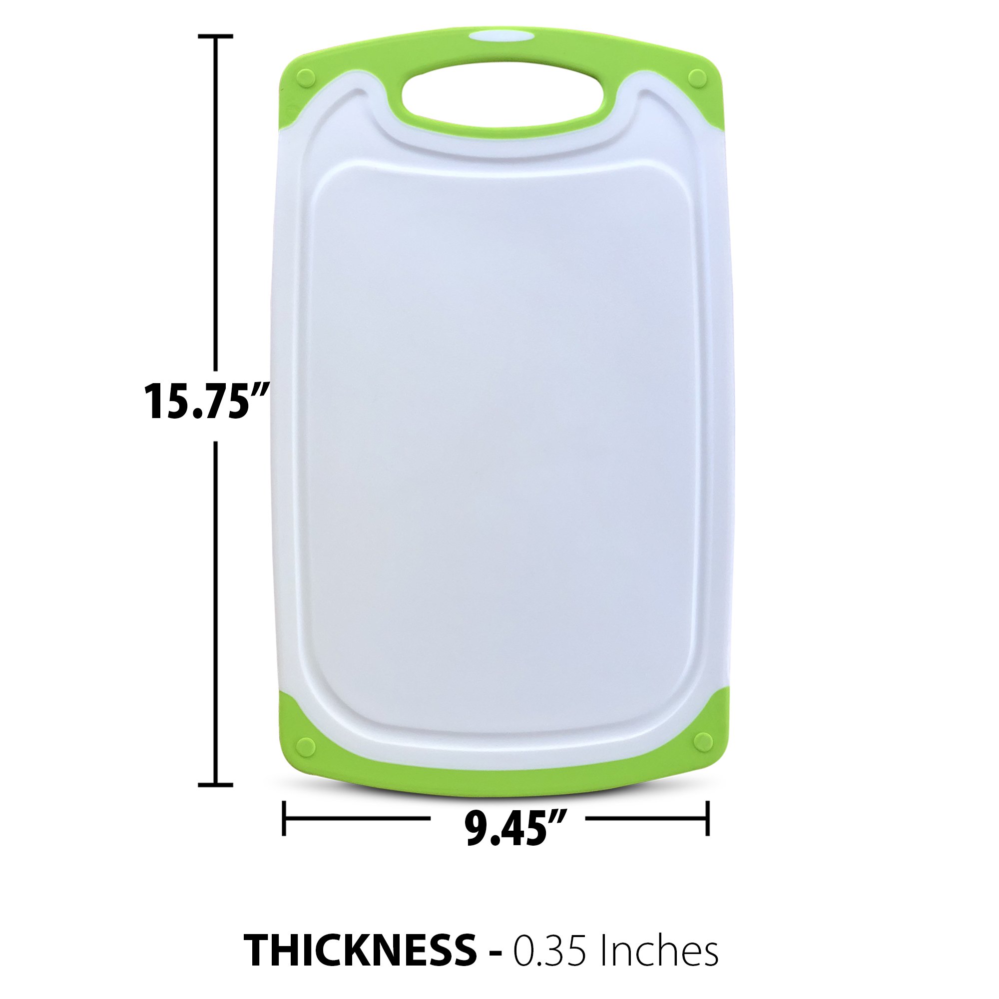Raj Non-Slip Antibacterial Plastic Cutting Board, Deep Juice Groove, Dishwasher Safe, BPA Free, FDA Approved White and green (1 Piece Large, White board with Green Ends)
