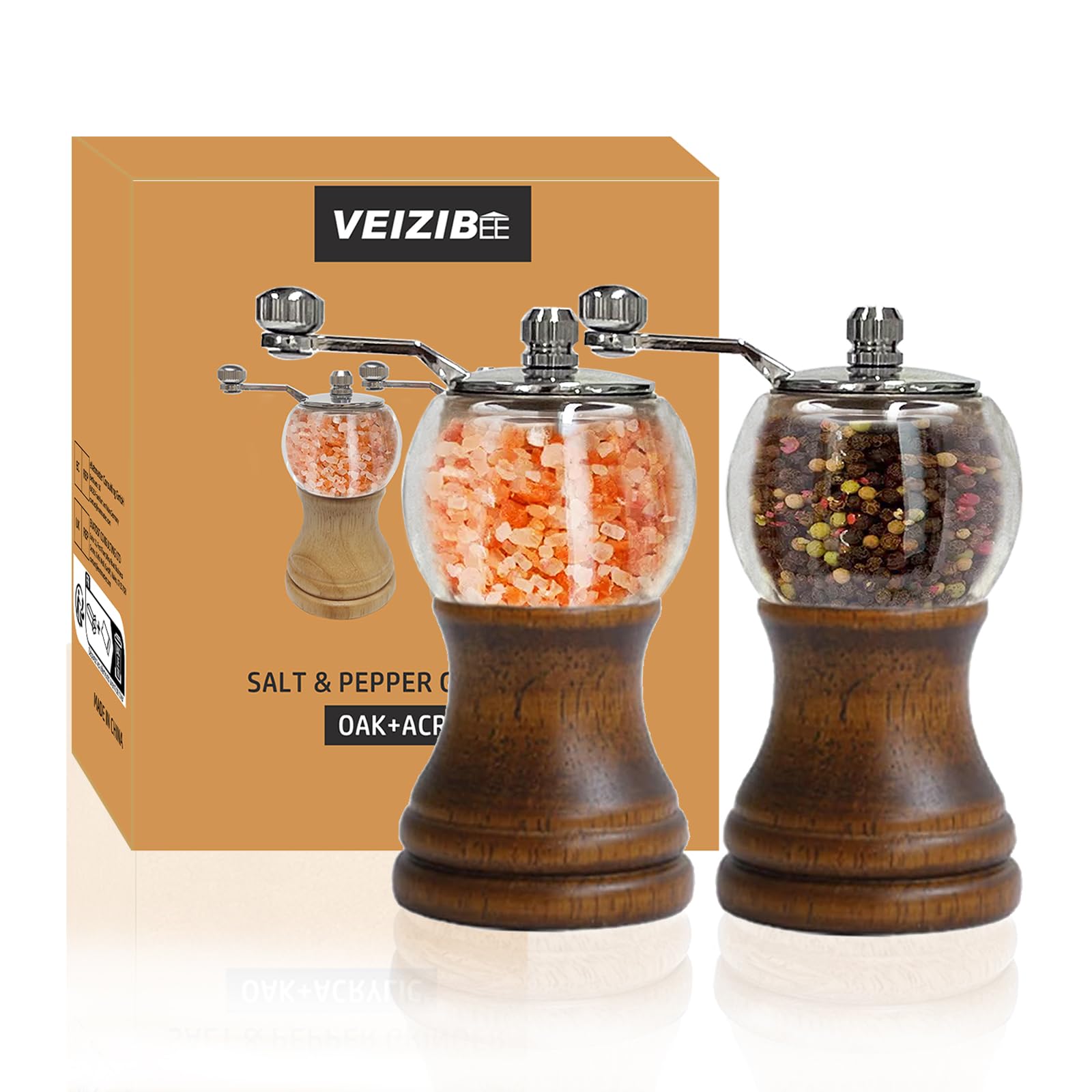 Pepper Mills Salt and Pepper Grinder Set Classical Wooden Roast Black Manual Pepper Grinder, Ceramic Grinder Core, Manual Mill for Salt Pepper Spices Mills with Adjustable Coarseness (Black-2pcs-5in)
