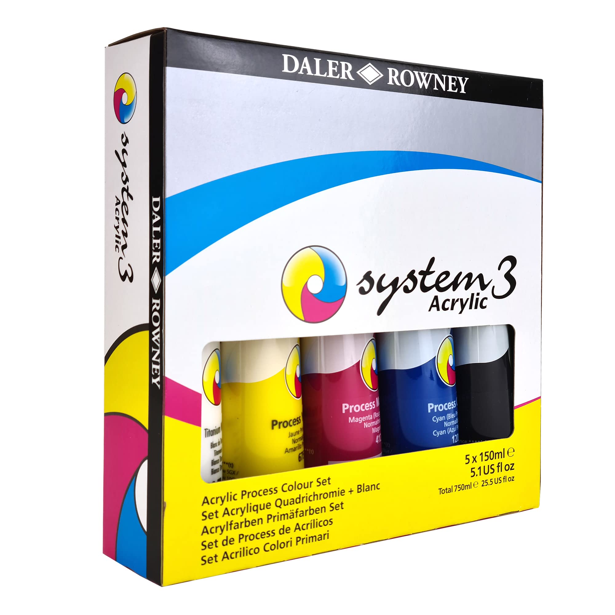 Daler-Rowney System3 150ml Acrylic Paint Process Set, 5 x Assorted Vibrant Colours, Multi-Surface, Ideal for Professional Artists & Students — image 1