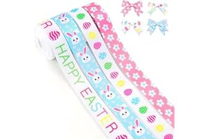 Happy Easter Ribbons for Crafts 4 Rolls 20 Yards 7/8 Inch Easter Grosgrain Ribbon Eggs Bunny Carrot Ribbons Spring Flower Sat