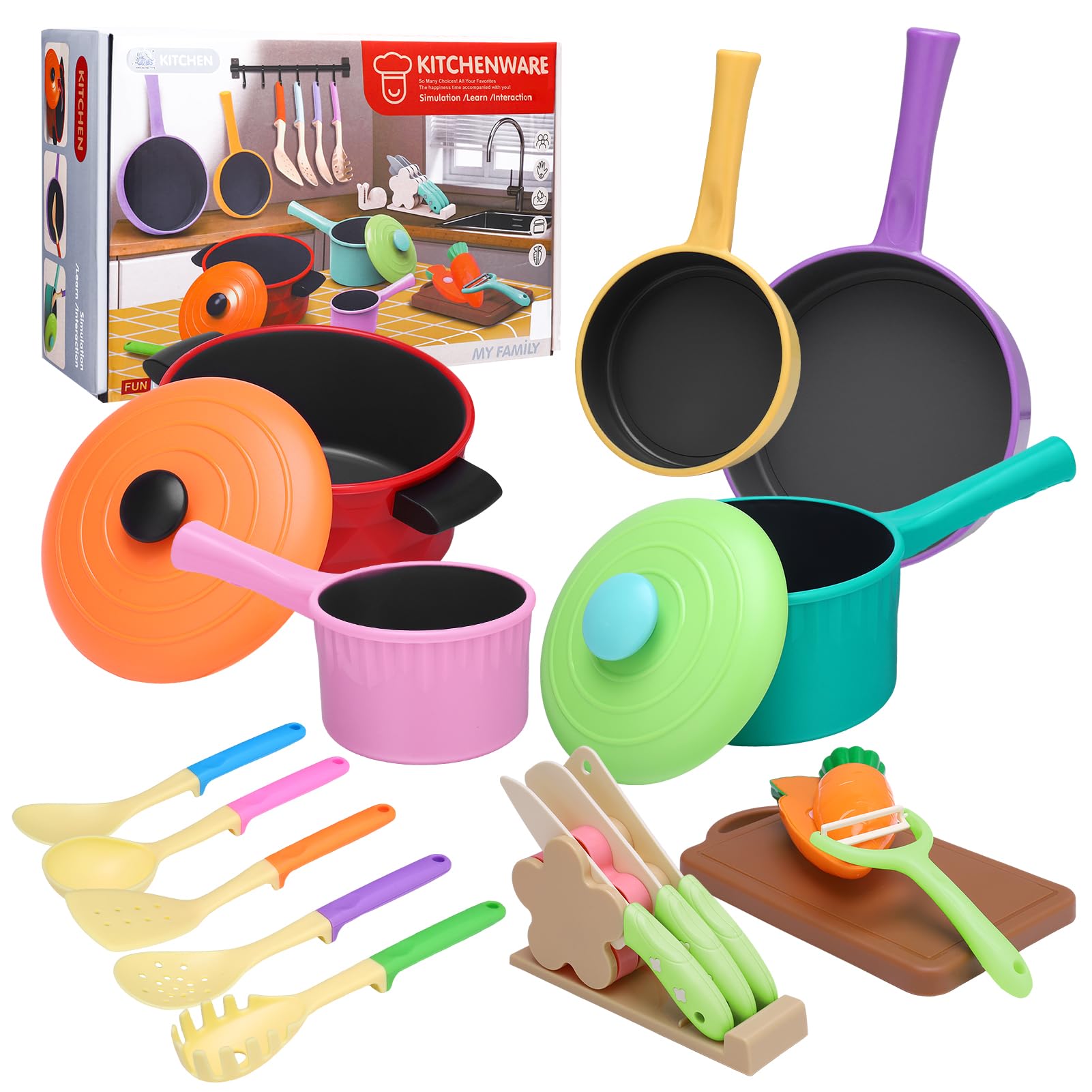 GSrenyu Kids Kitchen Toy Accessories Set, Cooking Cookware Toys Pots and Pans Playset Role Play Cutting Fruit Food Toy Kitchen Pretend Toy for Kids Girl Boy Toddler 3 4 5 6 Years Old