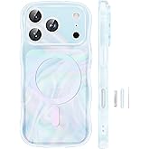 GVIEWIN Magnetic for iPhone 17 Pro Case, [Full Camera Protection] [Compatible with MagSafe] Curly Wavy Frame Gradient Sparkly Glitter Women Girls Phone Cover for 17 Pro 6.3", Blue