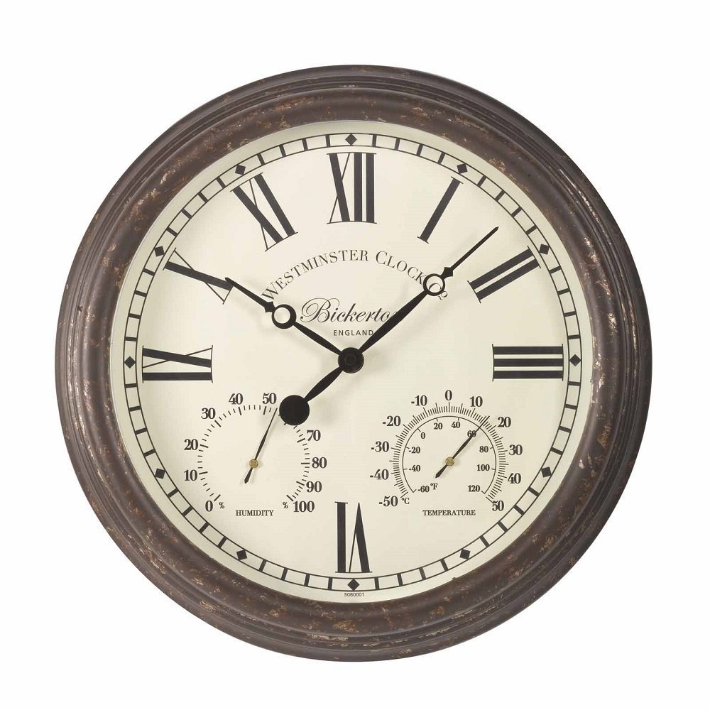 Bickerton Outdoor and Indoor Wall Clock with Thermometer and Hygrometer, Large 15 Inch Face