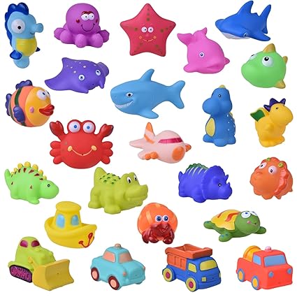 25 PCs Toddler Bath Toys, Sea Animals Squirter Toys for Kids, Car Squirter Toys for Boys, Bath Toy Organizer Included