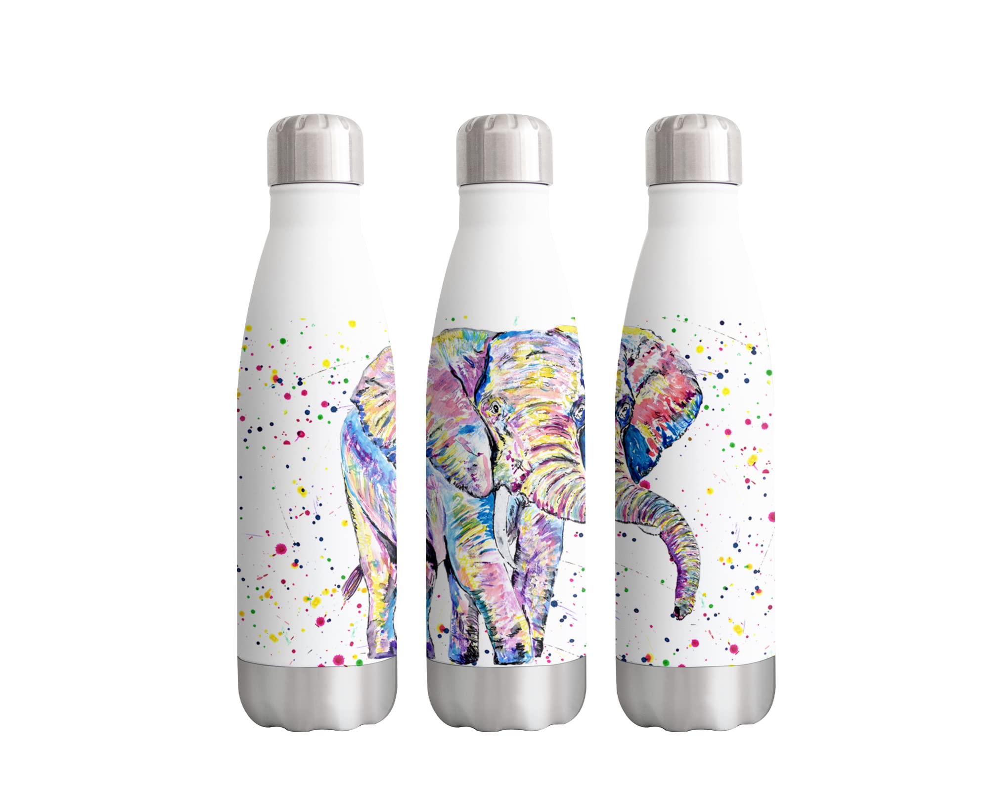 Elephant Adult Wild Animals Watercolour Rainbow Art Bottle Double Wall Insulated Stainless Steel Sport Drinks 500ml White Gift Ideal for School Work Office Oudoor Sports Keeps Hot and Cold Drinks