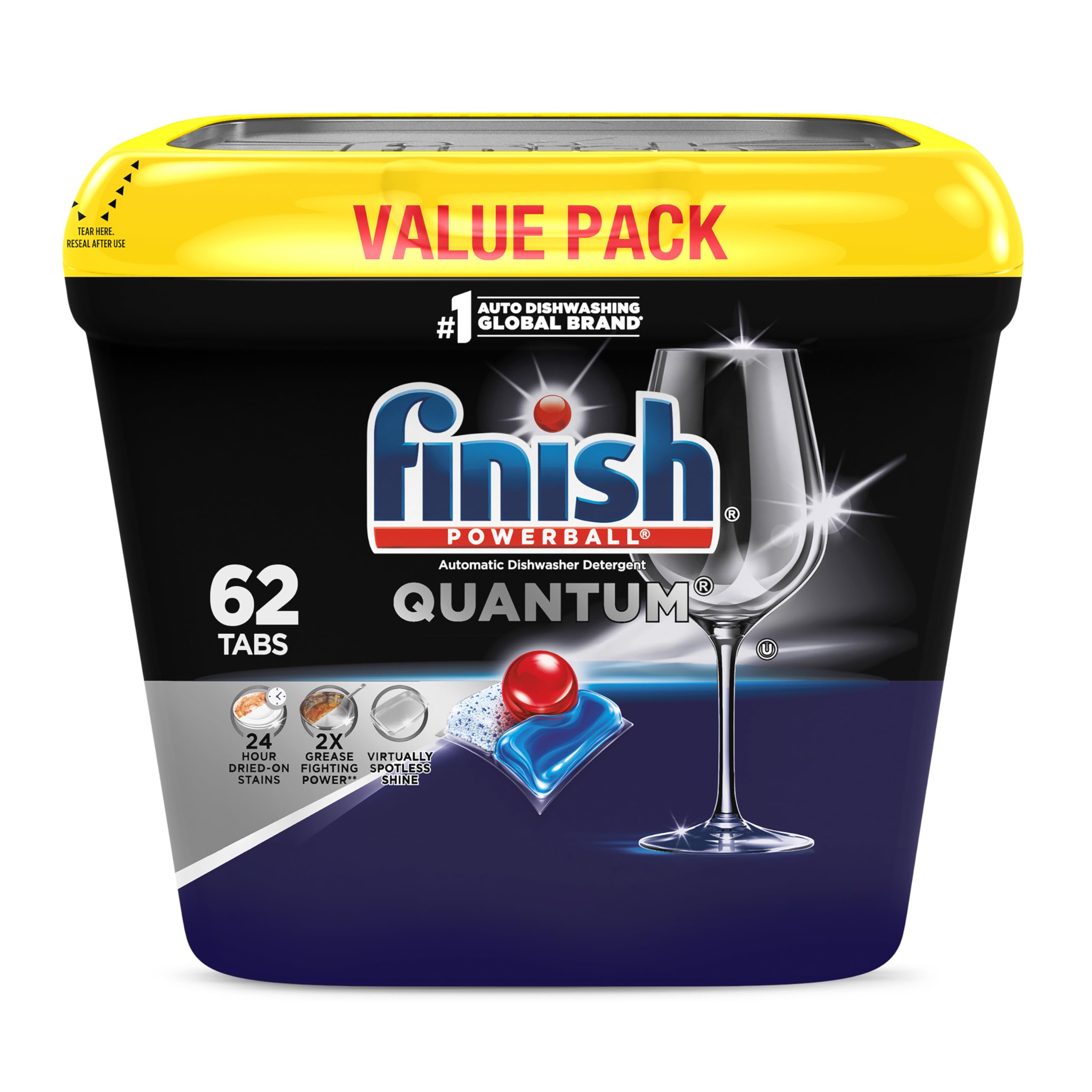 Finish Quantum Dishwasher Pods, No Pre-Rinse Dishwasher Detergent Soap Removes 24HR Dried-On Stain and Grease, Leaving a Virtually Spotless Shine, 62 Count