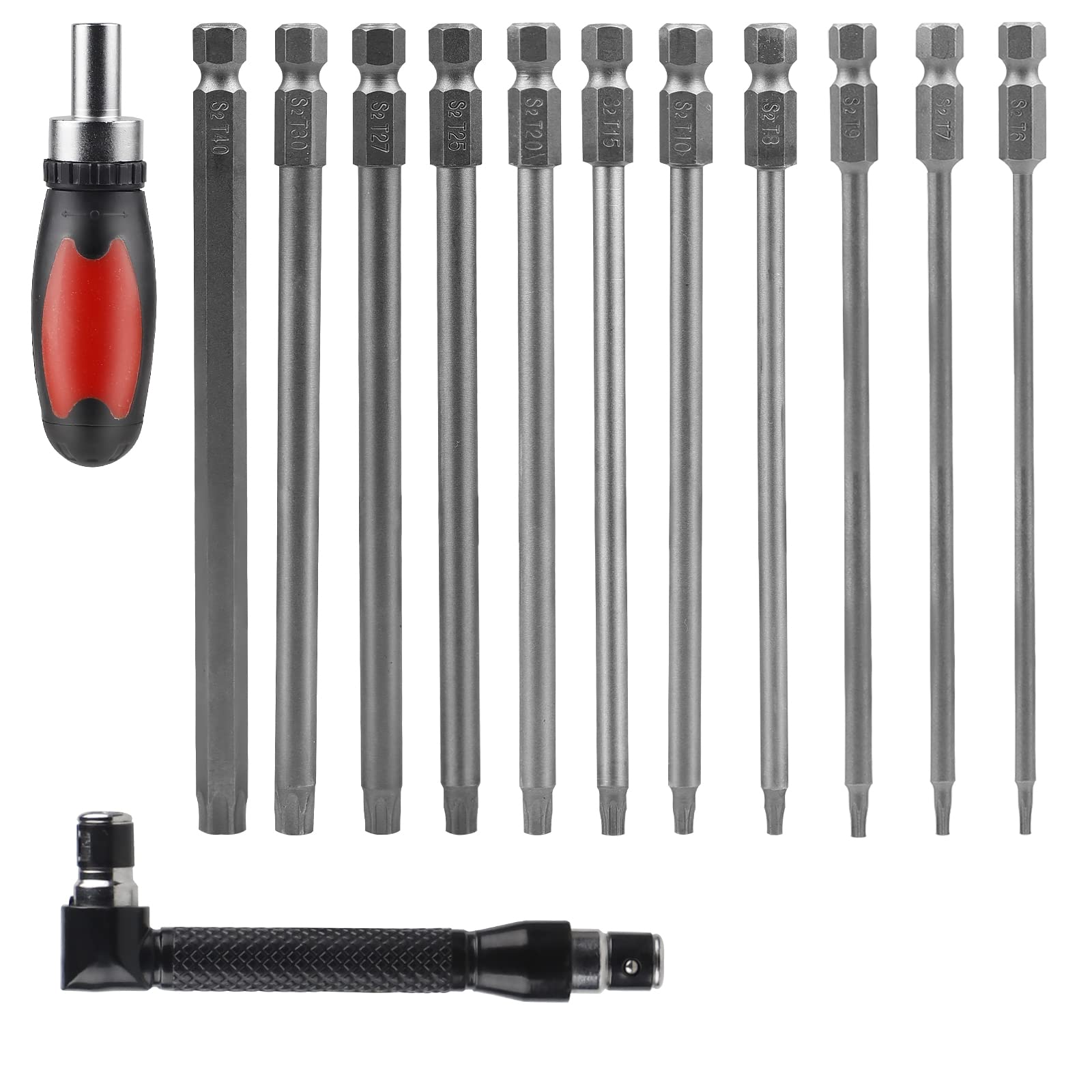 CPROSP Torx Screwdriver Set 100 mm Long, Long Torx Bit with 2 Torx Screwdrivers, T6, T7, T8, T9, T10, T15, T20, T25, T27, T30, T40, S2 Steel, Star Head