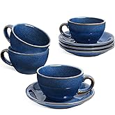 LE TAUCI Cappuccino Cups with Saucers 6 oz, Set of 4 Ceramic Coffee Cup and Saucer Set for Latte, Au Lait, Flat White, Mocha, Tea, Embossed Coffee Cups, Ceylon Blue