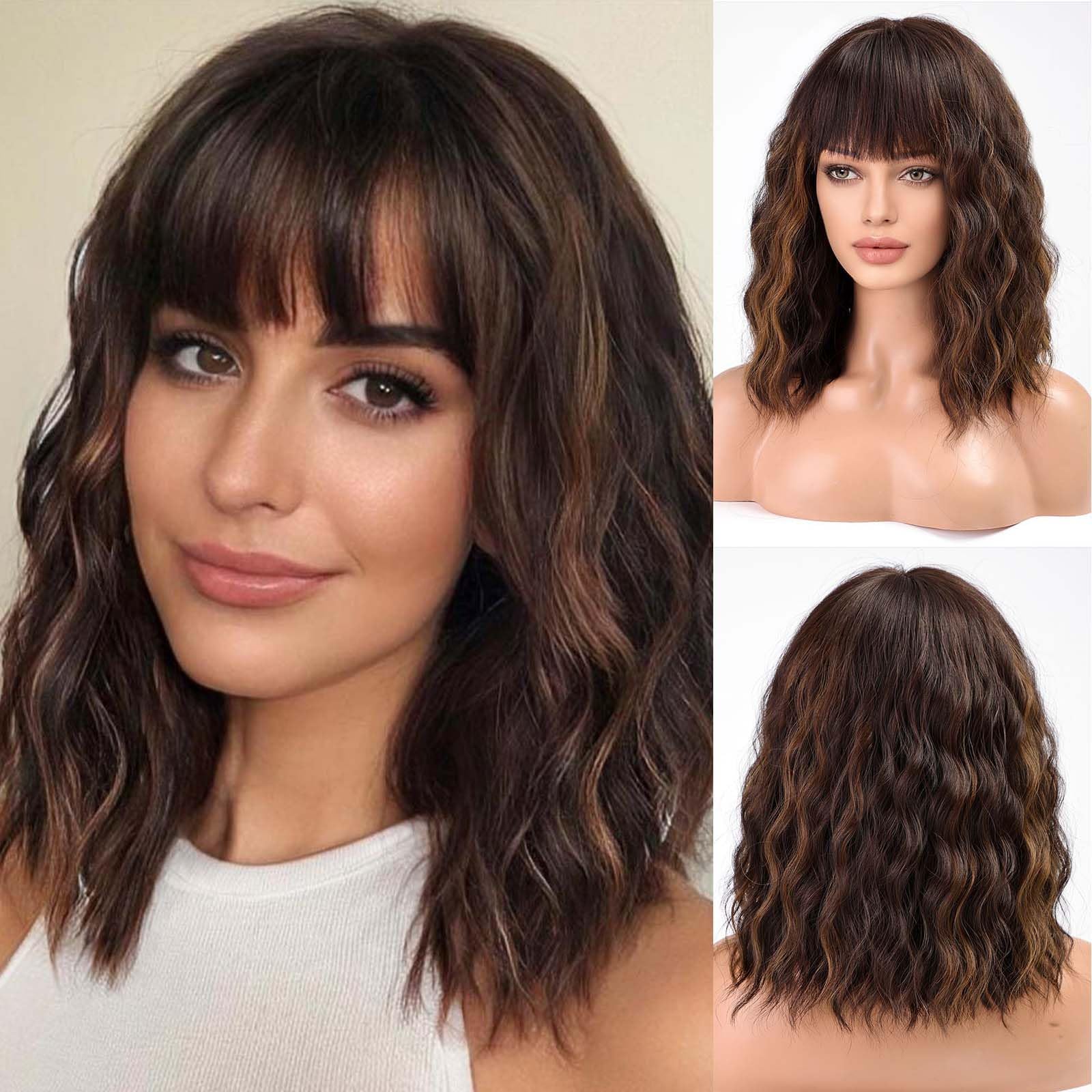 HAIRCUBE Short Charming Bob with Bangs Wigs for Woman Nature Heat Resistant Fiber Party/Cosplay/Costume/Daily Wig (Brunette with Blonde Highlight)