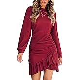 CUPSHE Women Knit Ruched Fall Dress Smocked Ruffle Hem Crew Neck Long Sleeve Bodycon Sexy Casual Holiday Mini Dress