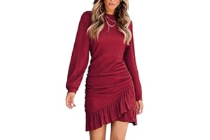 CUPSHE Women Knit Ruched Fall Dress Smocked Ruffle Hem Crew Neck Long Sleeve Bodycon Sexy Casual Holiday Mini Dress