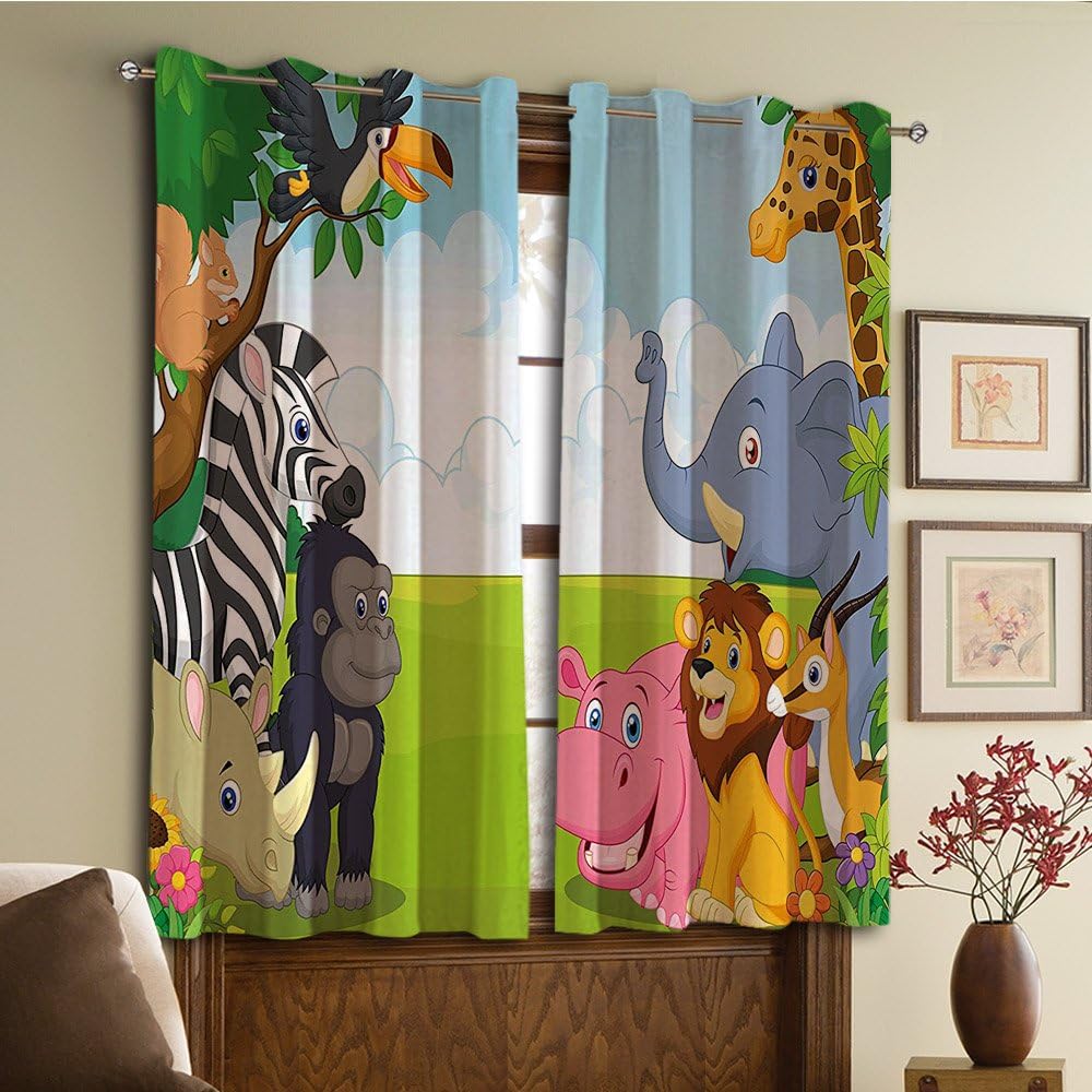 Custom design curtains/Vintage Lace Window Curtain/Grommet Top Blackout Curtains/Thermal Insulated Curtain For Bedroom And Kitchen-Set of 2 Panels(Children Nursery Room Safari Themed Cartoon Anim)