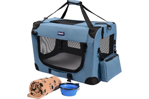 Petprsco Portable Collapsible Dog Crate, Travel Dog Crate 24x17x17 with Soft Warm Blanket and Foldable Bowl for Large Cats &