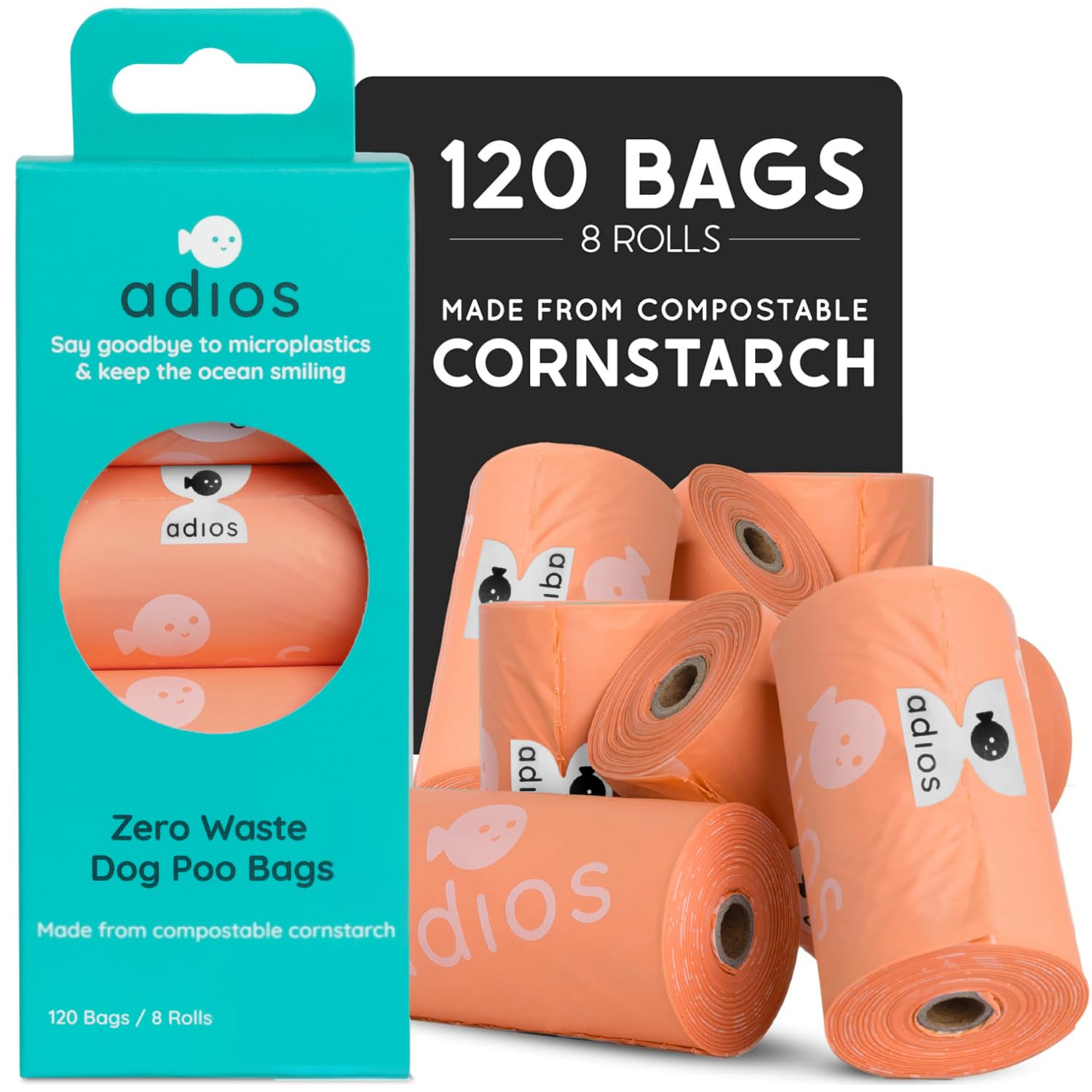 Adios - Compostable Dog Poop Bags, 120 Count (8 Rolls) - Coral Colour - Extra Thick, Leakproof, Odour Proof Dog Waste Bags - Made from Compostable Cornstarch - Easy Tear Rolls