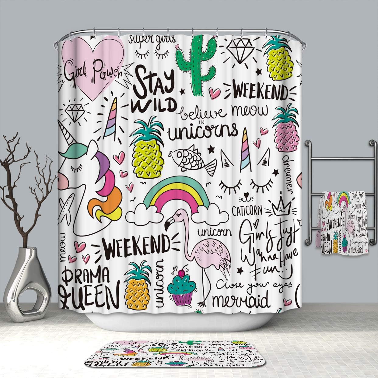 Ezlif Aesybath Unicorn Rainbow Home Decor Shower Curtain, Flamingo Pineapple Diamond Cacuts 70" x 70" Polyester Bathroom Shower Curtains with Hooks