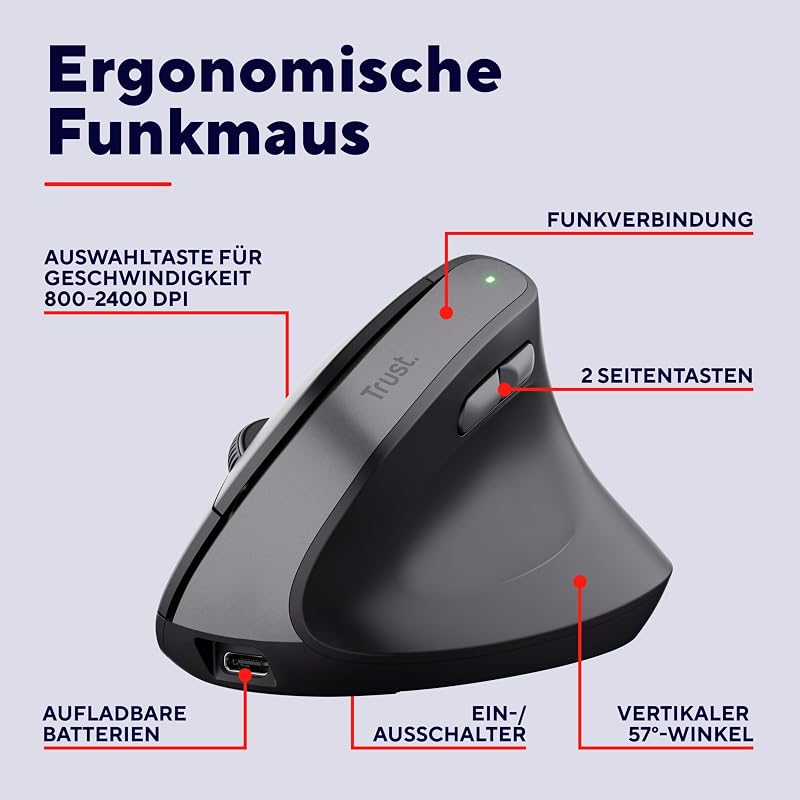 Yuno Wiederaufladbare Vertikale Maus, Kabellose Ergonomische Maus