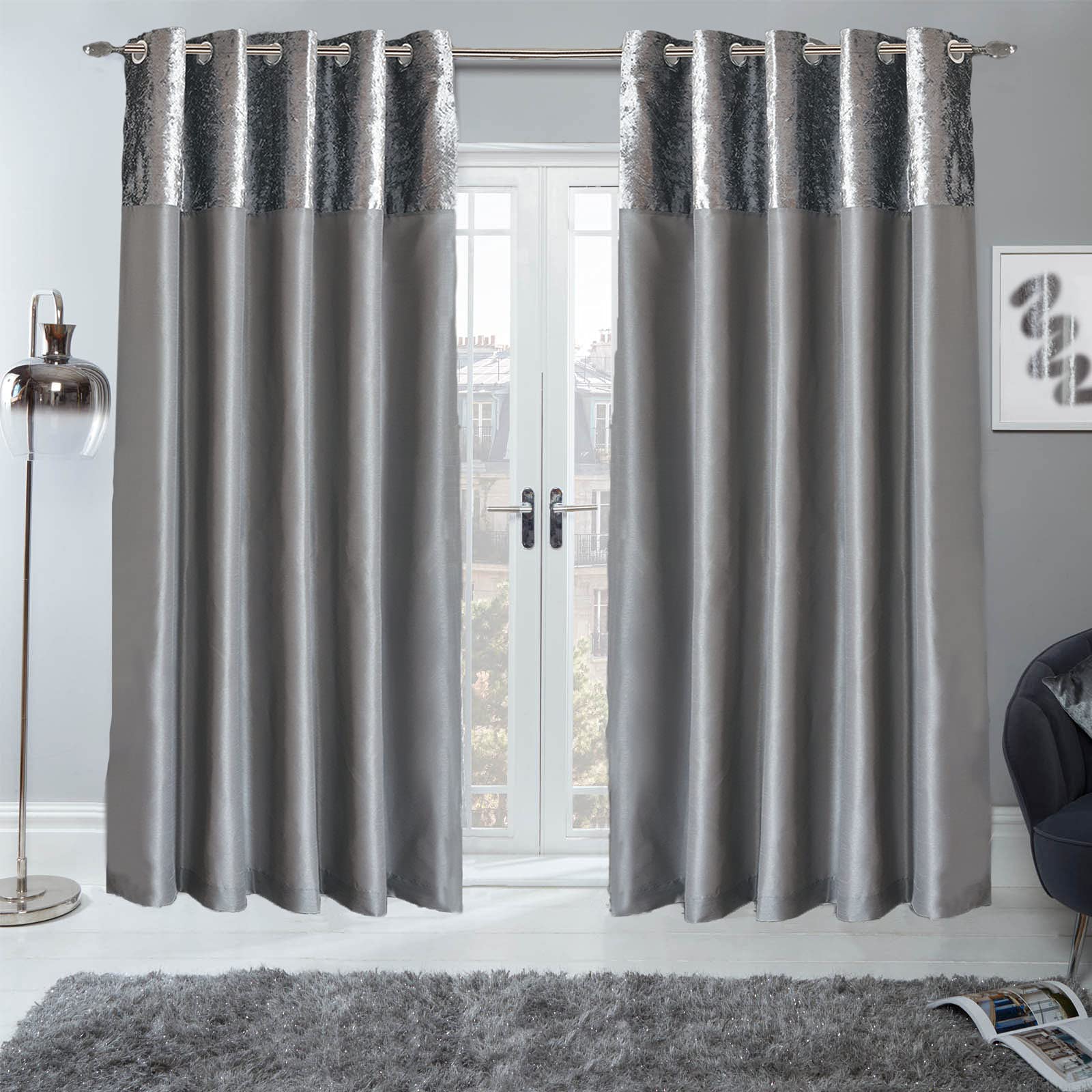 Sienna PAIR of Crushed Velvet Band Curtains Fully Lined Eyelet Ring Top Faux Silk Window Treatment Panels - Silver Grey, Width 90" x Drop 72"