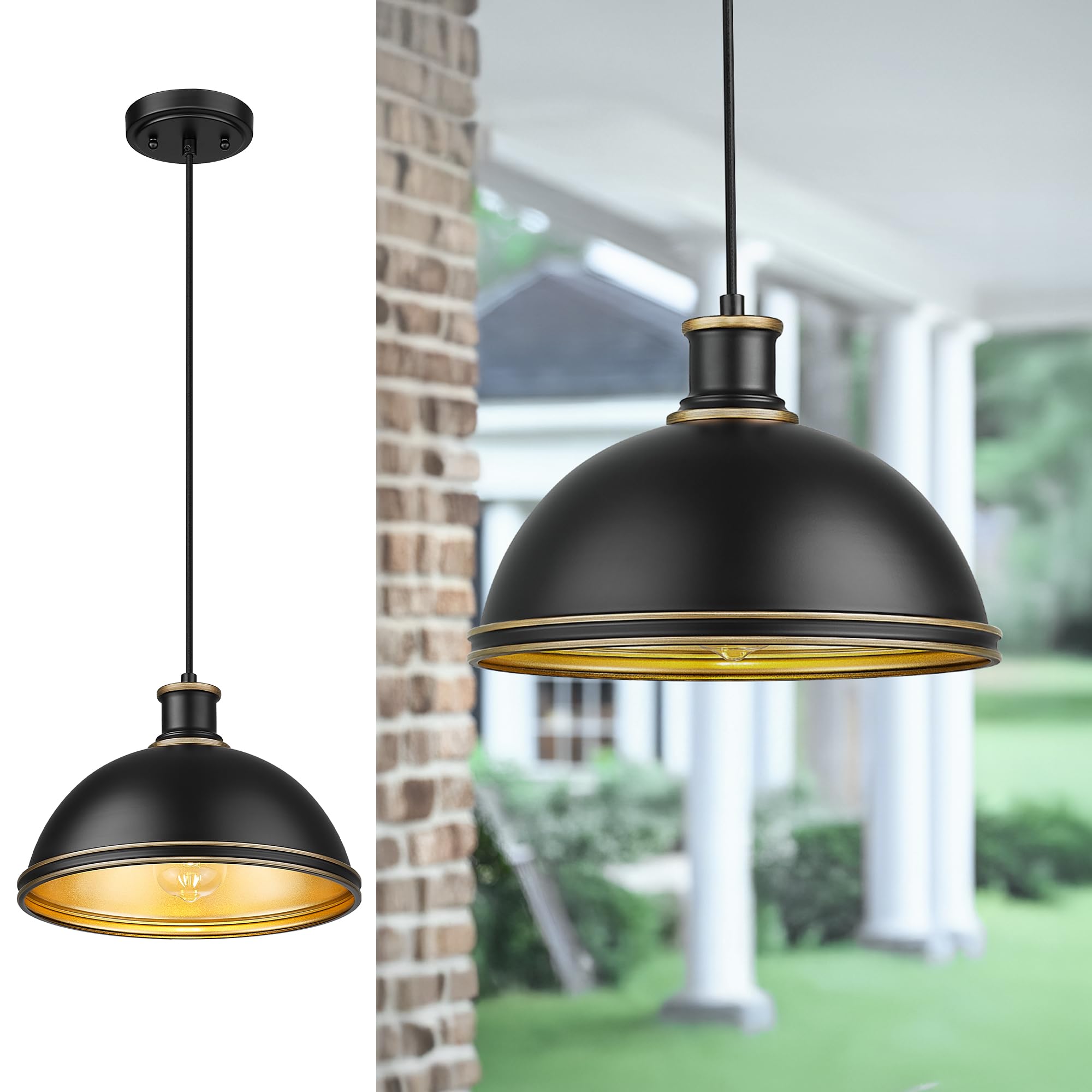 Photo 1 of kudos Outdoor Pendant Light, 12" Large 1-Light Hanging Porch Lights, Black Outside Chandelier for Porch Gazebo Patio Entryway, KDOPL03-BK-S