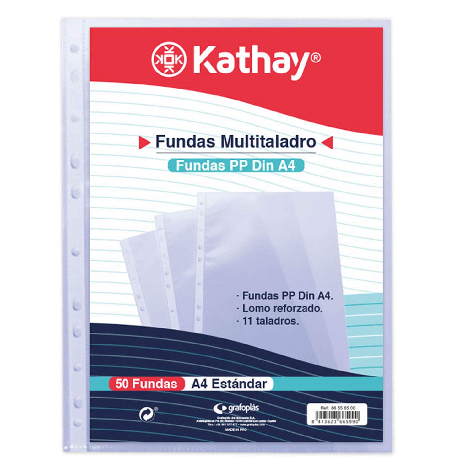 Kathay 86556500 Bag of 50 Multi-Drill Pockets, A4, 11 Holes, Standard Polypropylene