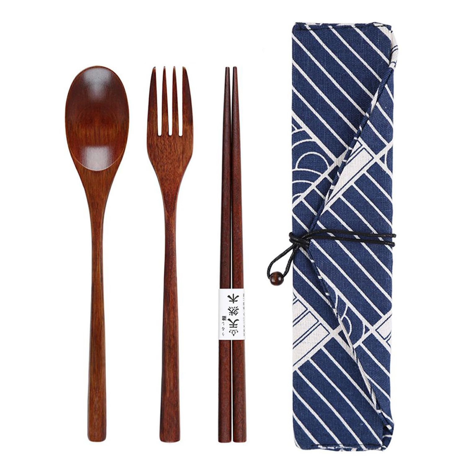 OAAO 4-Piece Japanese Tableware Set in a Japanese Style Cloth Bag, with 1 Fork, 1 Spoon, 1 Chopstick, Outdoor Travel Tableware, Tableware Bag, Suitable for School, Picnic, Camping.