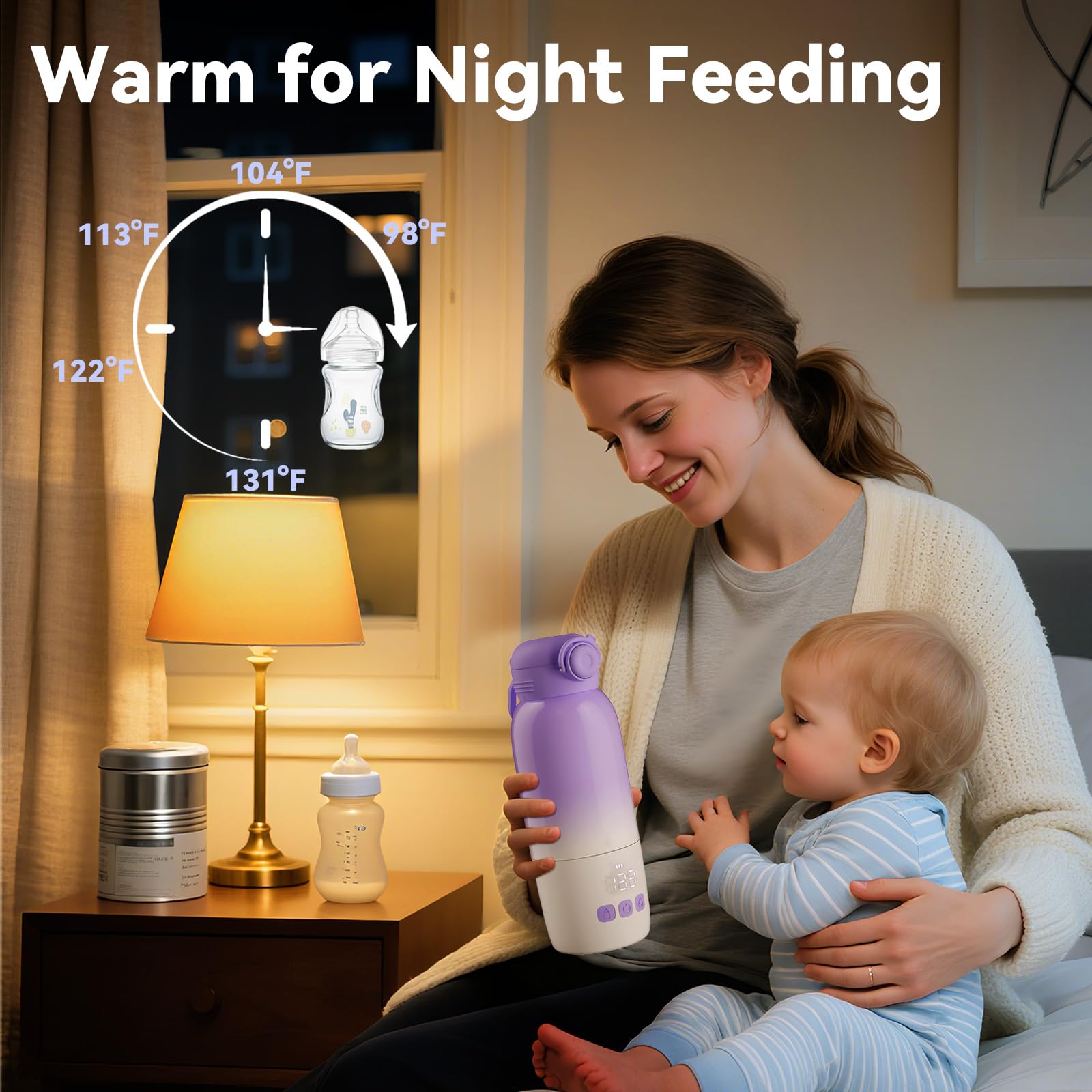 Portable Bottle Warmer for Travel - Large 12oz Capacity with Dual Heating Modes for Breast Milk & Water, Fast Heating Smart Temperature Control, Portable Milk Warmer Gifts for New Mom Purple