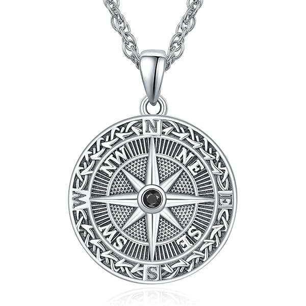 KINGWHYTE Collar De Brújula De Plata De Ley S925 Con Colgante De Brújula Vikinga Con Brújula Y Brújula Pagana Nórdica, Regalos De Joyería Para Hombres Con Cadena De Acero Inoxidable, 22+2