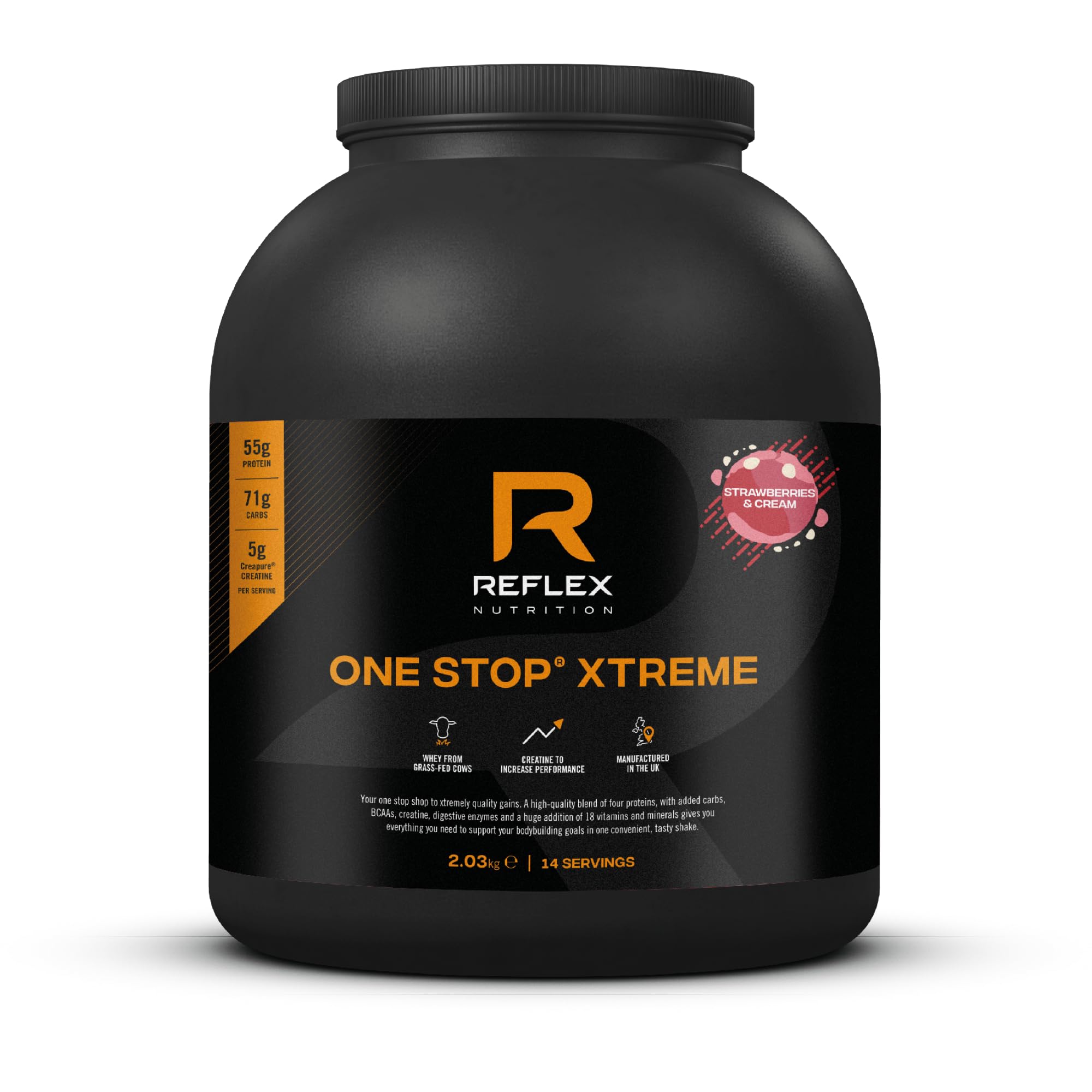 Reflex Nutrition One Stop® Xtreme - Serious Mass Gainer - All in One Protein Powder - 55g Protein, 10.3g BCAAs, 5,000mg Creatine - Muscle Building Protein Shake (Strawberries & Cream, 2.03kg)