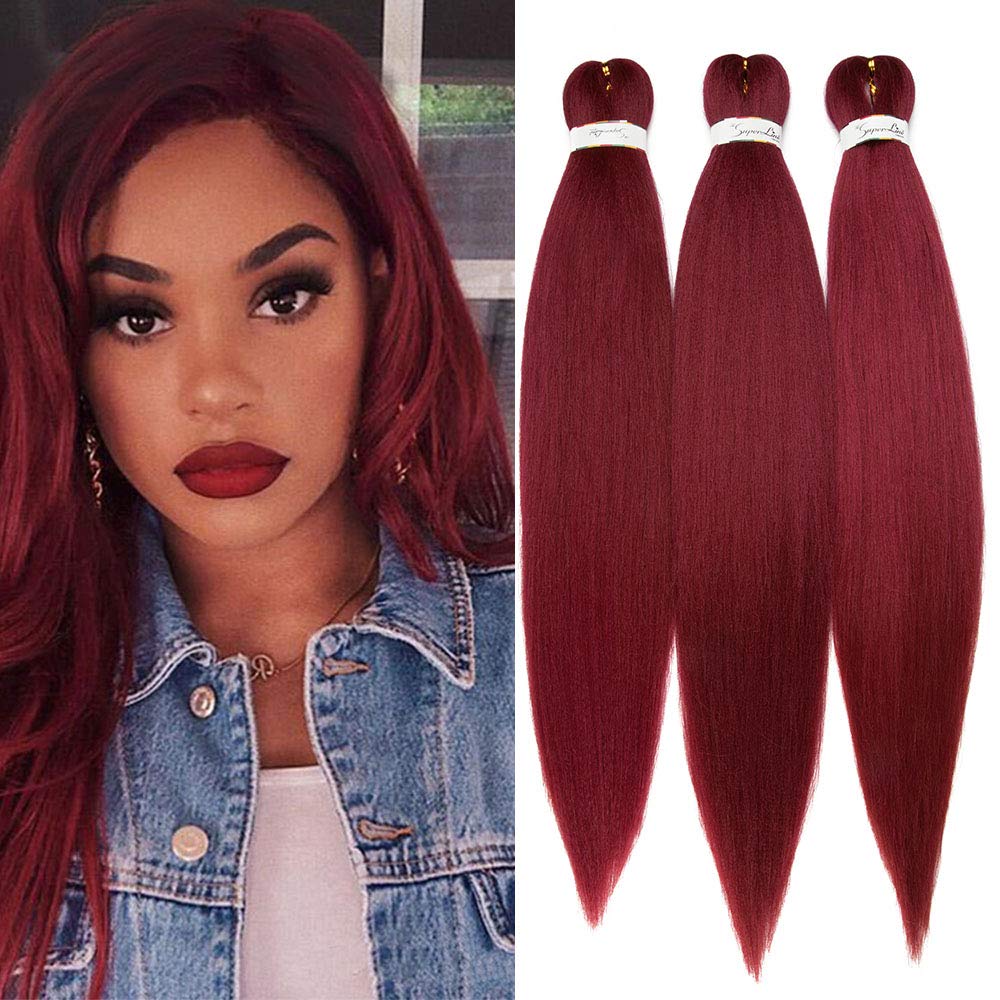 3 Packs EZ Pre-stretched Braiding Hair Easy Braid Professional Itch Free Synthetic Fiber 26" Corchet Braids Yaki Texture Hot Water Setting, Wine Red