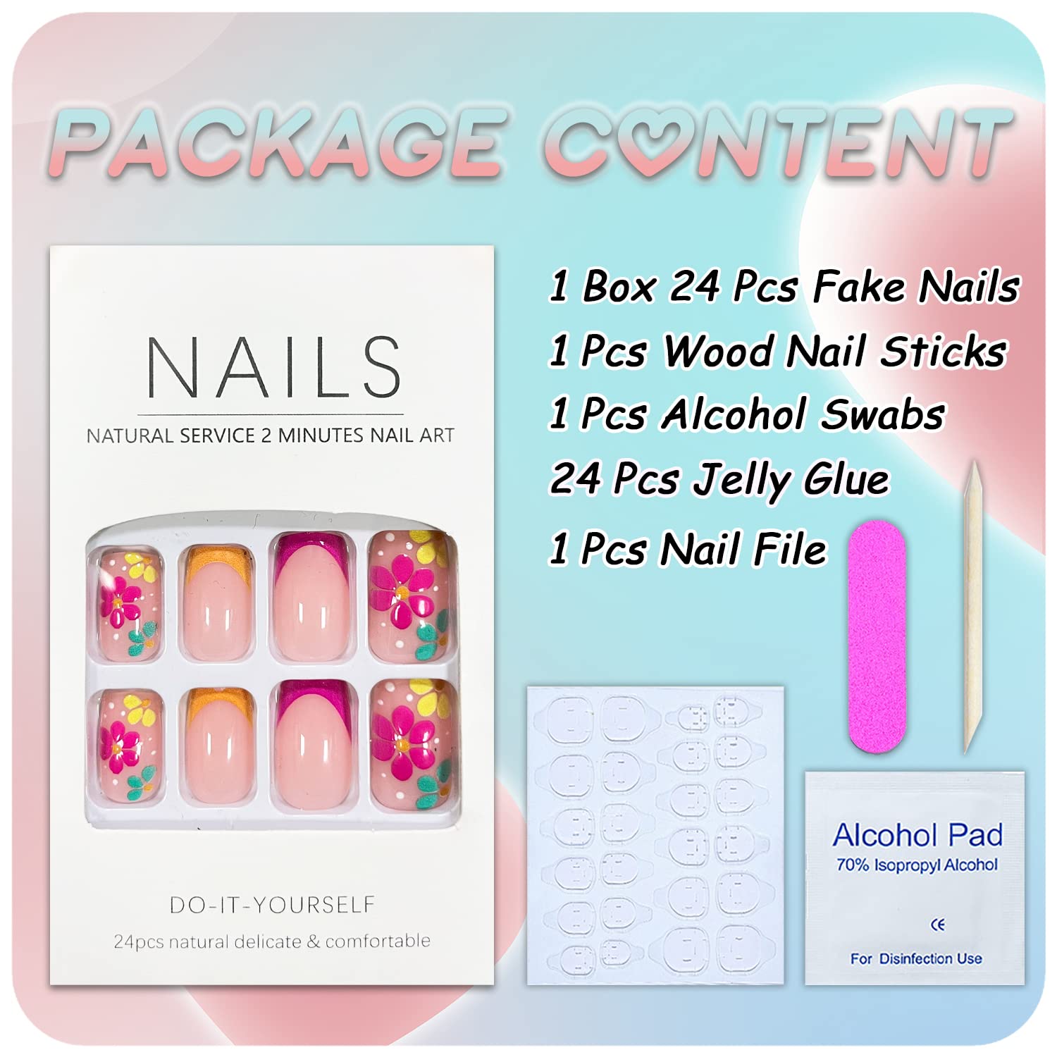 French Tip Press on Nails Square Short Fake Nails Pink False Nails with Colorful Designs Glossy Acrylic Nails Spring Summer Floral Glue on Nails for Women Nail Art Decorations - Image 4