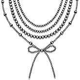 4pcs Western Navajo Pearl Stackble Necklace Jewelry For Women Beaded Chain Bow Pendant Boho Handmade Long Layered Country Concert Necklace Set