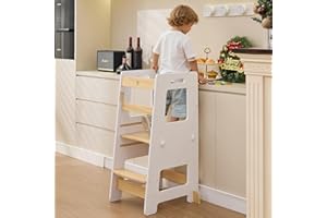WOOD CITY Kitchen Step Stool - Safe Montessori Standing Tower for Kids with Safety Rail, Height Adjustable Toddler Ideal Help