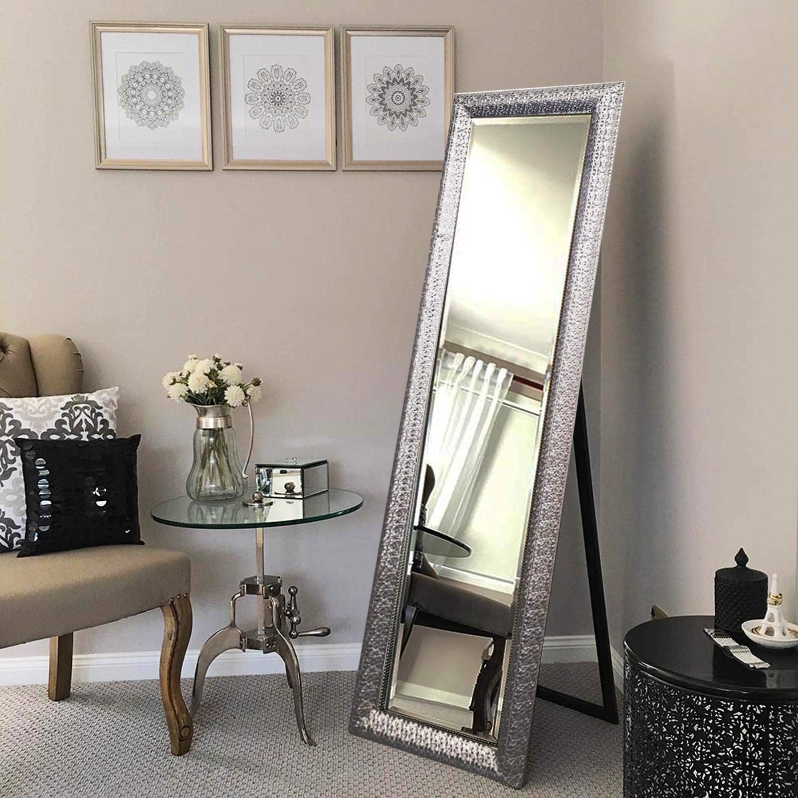 FB FunkyBuys® Silver Cheval Mirror Free Standing Full Length Floor Standing Wall Mounted Dressing Mirror Adjustable Stylish Bedroom Furniture 30 x 140 cm