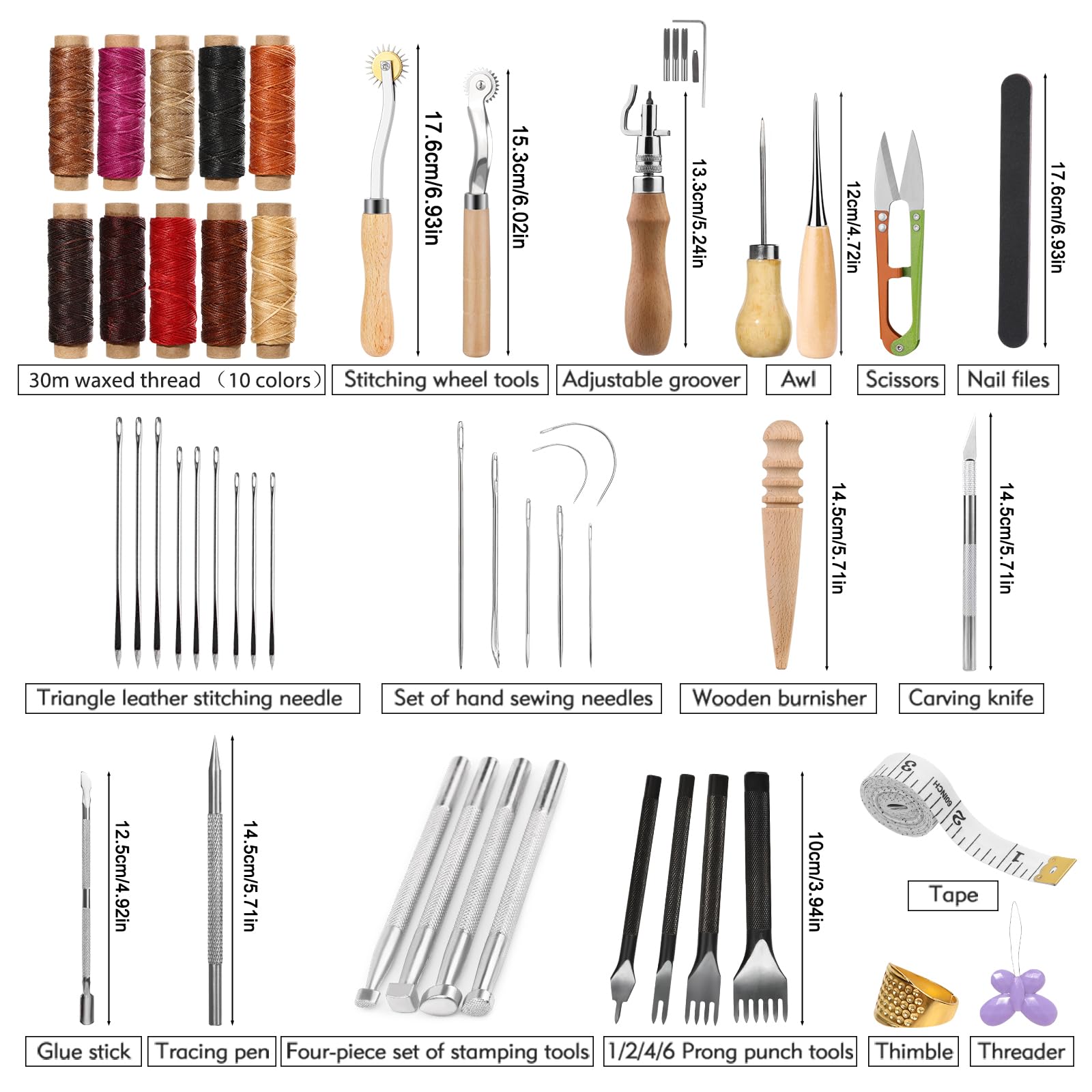60 Pcs Leather Working Kit Leather Sewing Kit Leathers Craft Tools with Storage Bag Stamping Tools Stitching Groover Waxed Thread Prong Punch for Craft Making Stitching and Punching