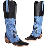 Cozivwaiy Women Denim Cowboy Boots Patchwork Knee High Boots Colorblock Western Cowgirl Mid Calf Jeans Shoes Pointed Toe Chunky Heel Pull On